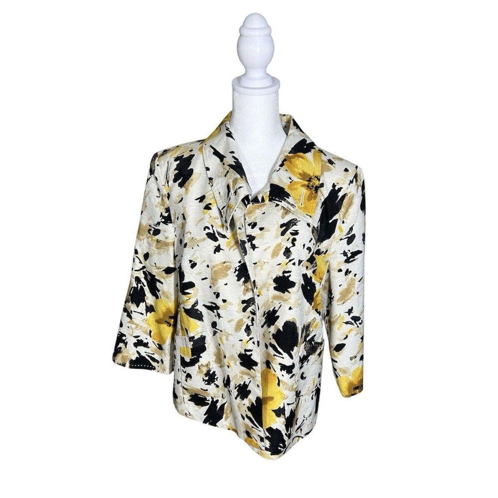 David Brooks Womens Jacket Blazer Size L Yellow Black Floral 95% Silk Abstract